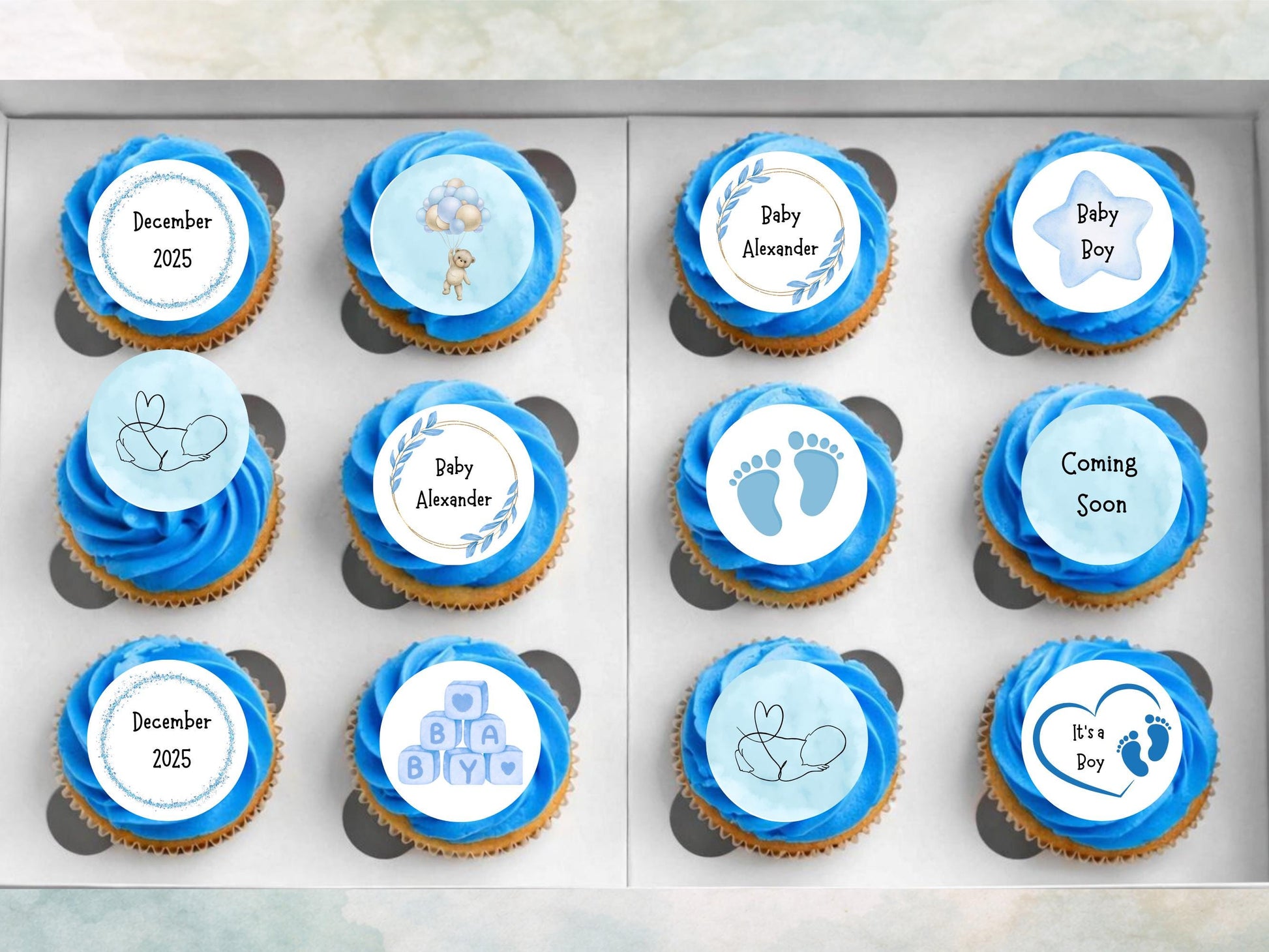 Blue Baby Shower Edible Cupcake Toppers – Custom 2" Wafer Paper