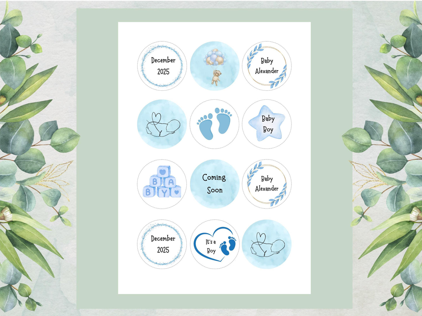 Blue Baby Shower Edible Cupcake Toppers – Custom 2" Wafer Paper