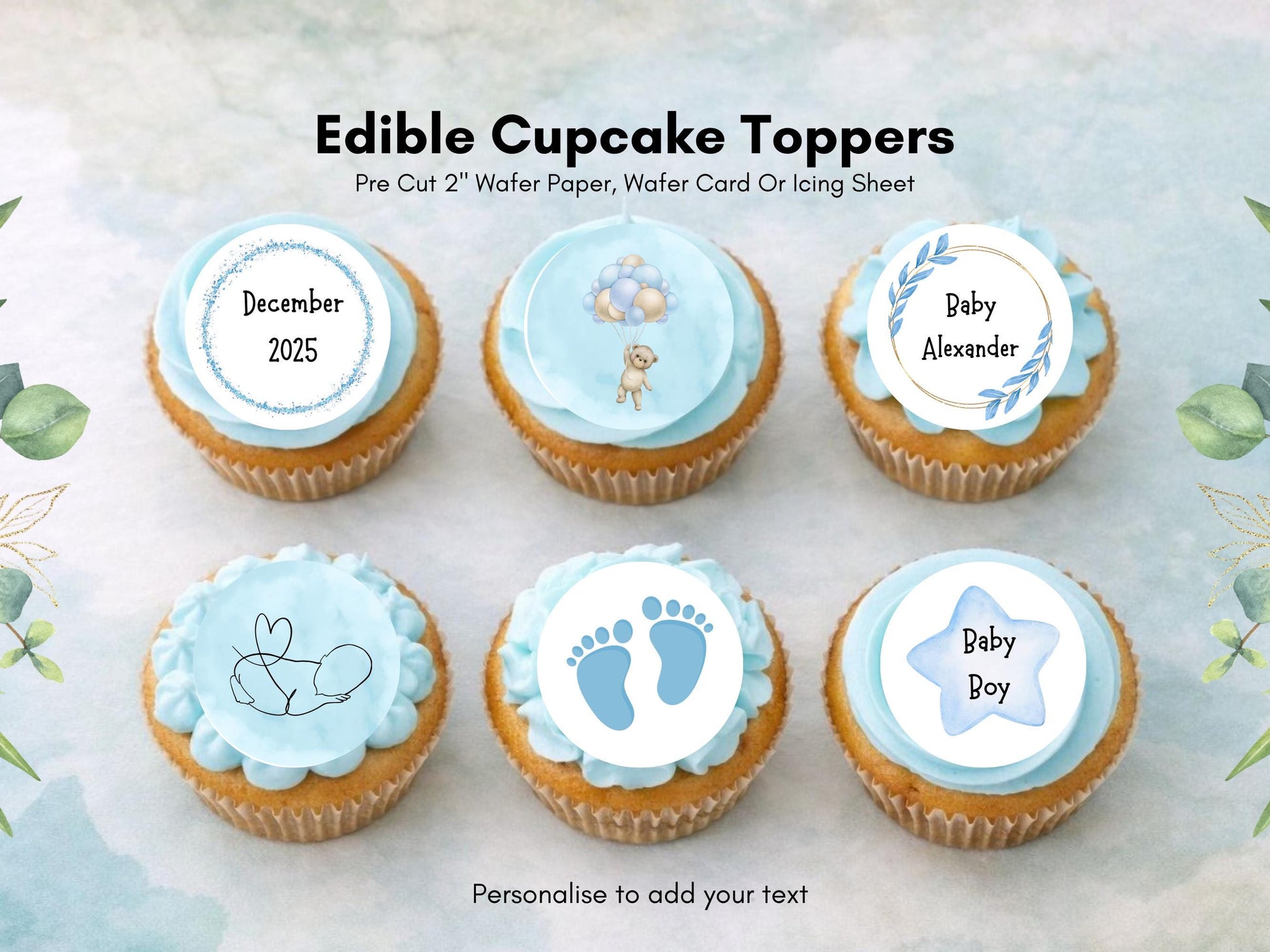 Blue Baby Shower Edible Cupcake Toppers – Custom 2" Wafer Paper