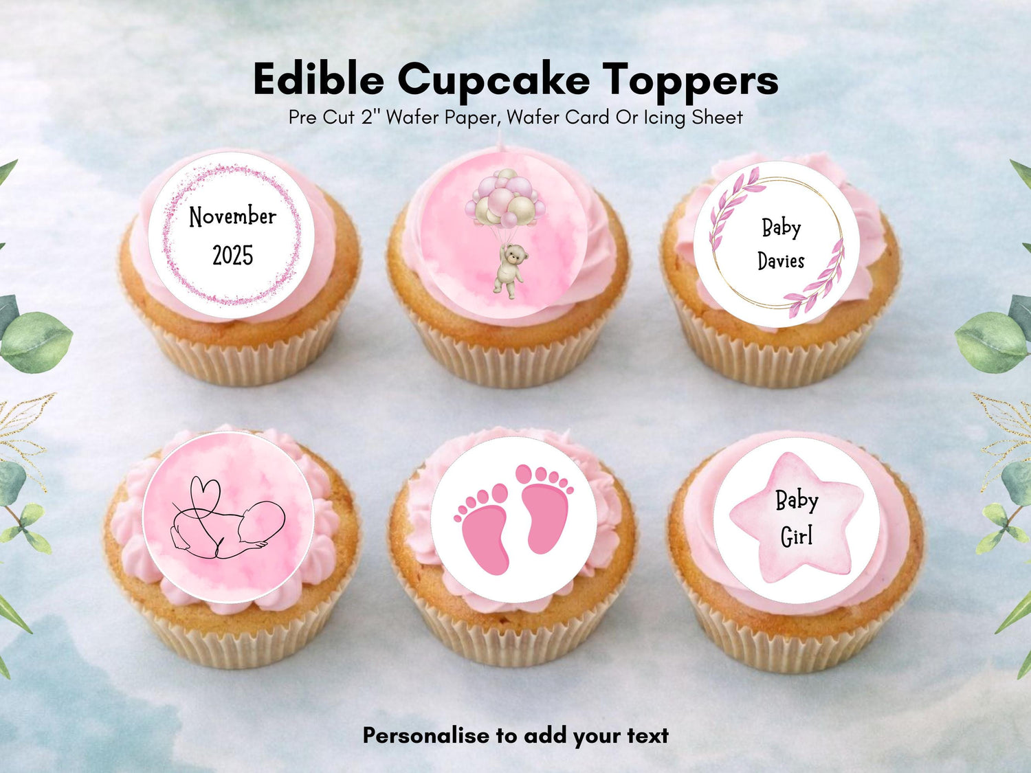 Personalized Pink Baby Shower Cupcake Toppers – Edible Decorations