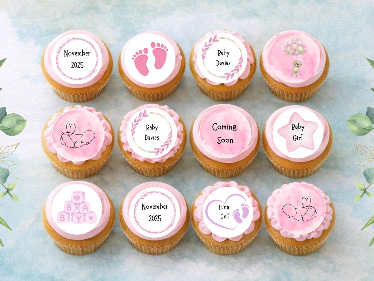 Personalised Pink Baby Shower Edible Cupcake Toppers – Baby Girl Cake Decorations
