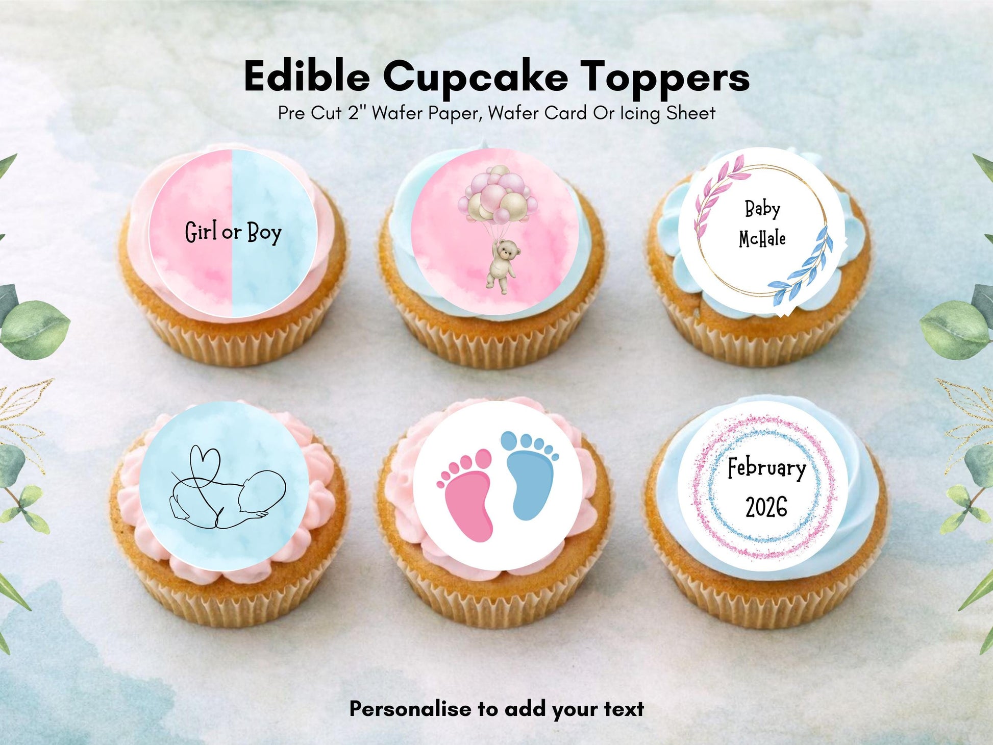 Personalized Gender Reveal Cupcake Toppers: Pink & Blue Edible Decorations