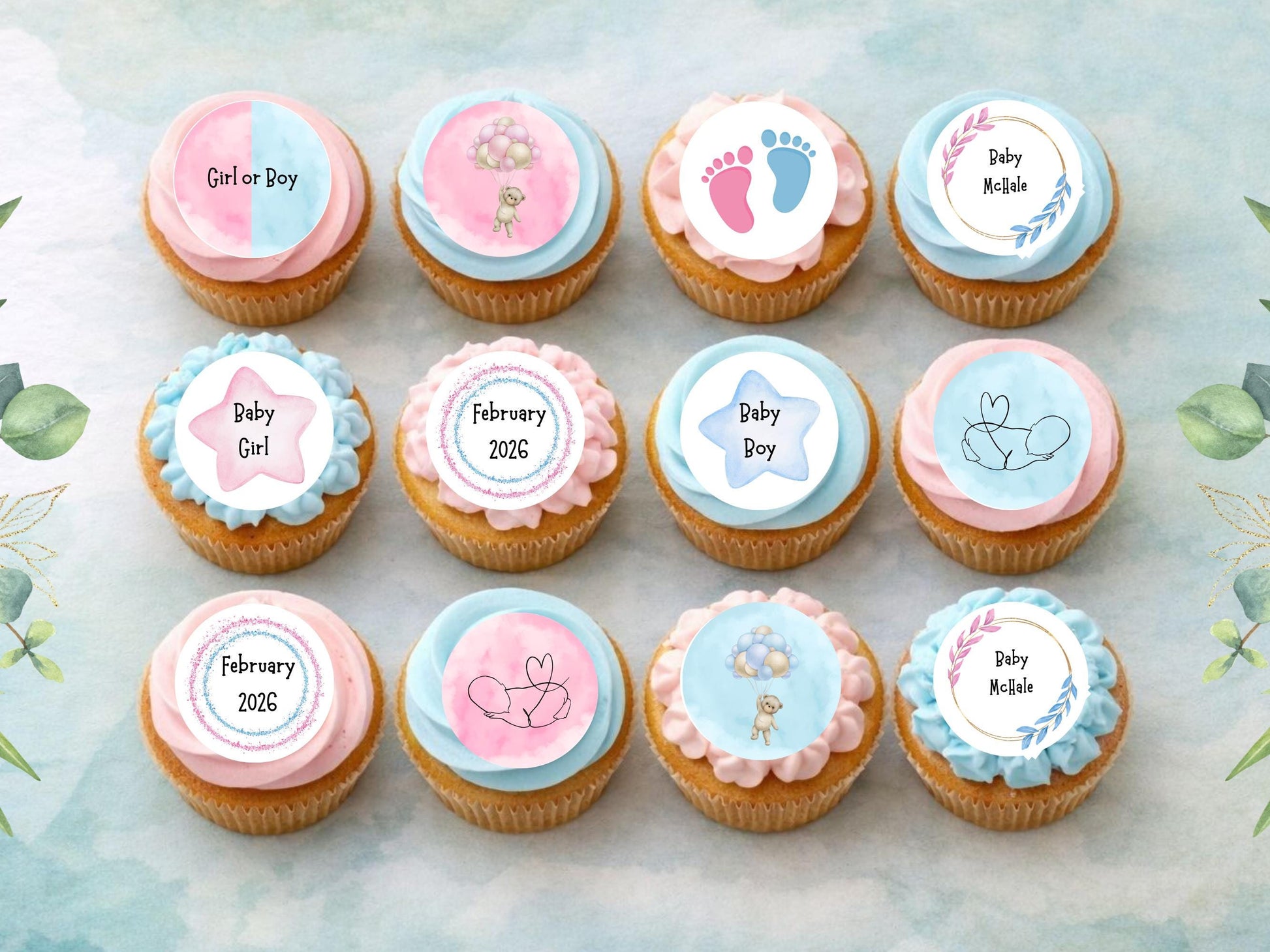Personalized Gender Reveal Cupcake Toppers: Pink & Blue Edible Decorations