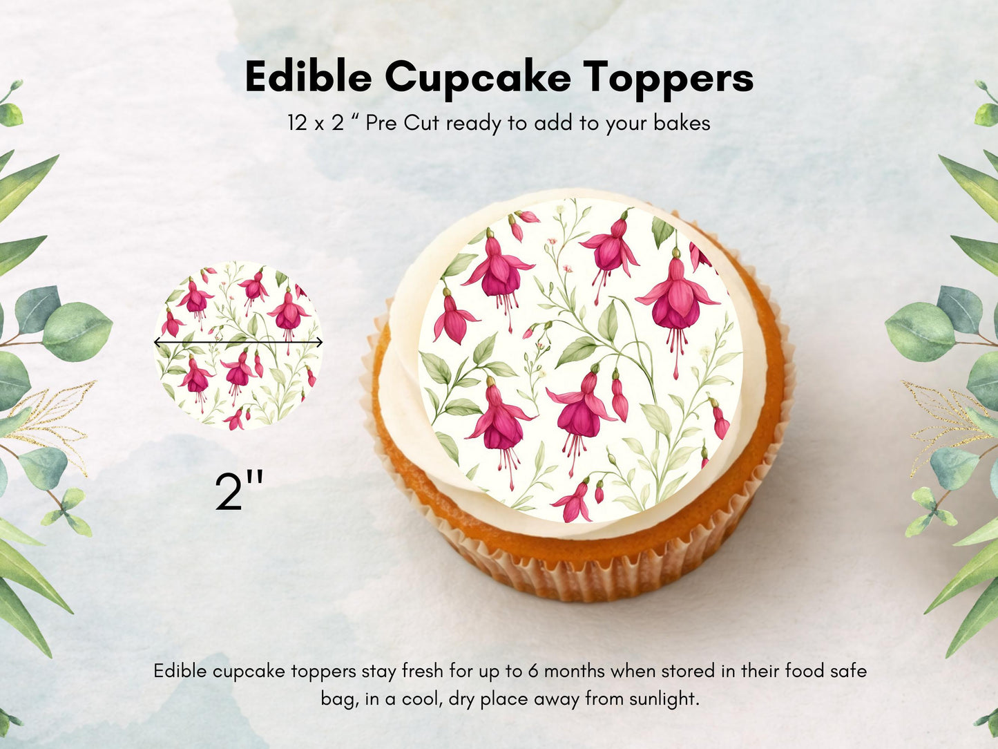 Fuchsia Floral Edible Cupcake Toppers – 2" Wafer Paper, Card, or Icing Sheet