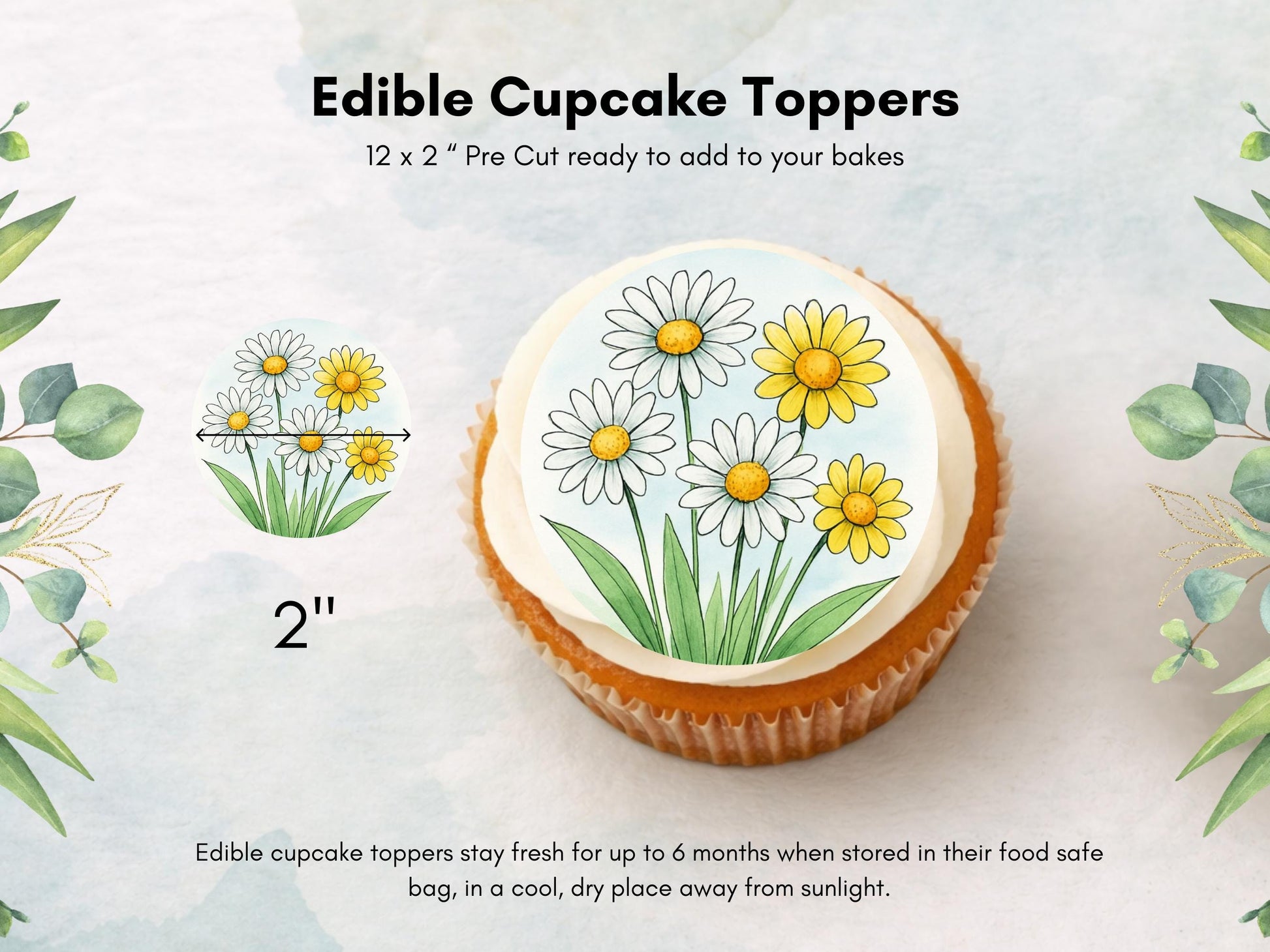 Daisy Flower Edible Cupcake Toppers – Floral Cake Decoration