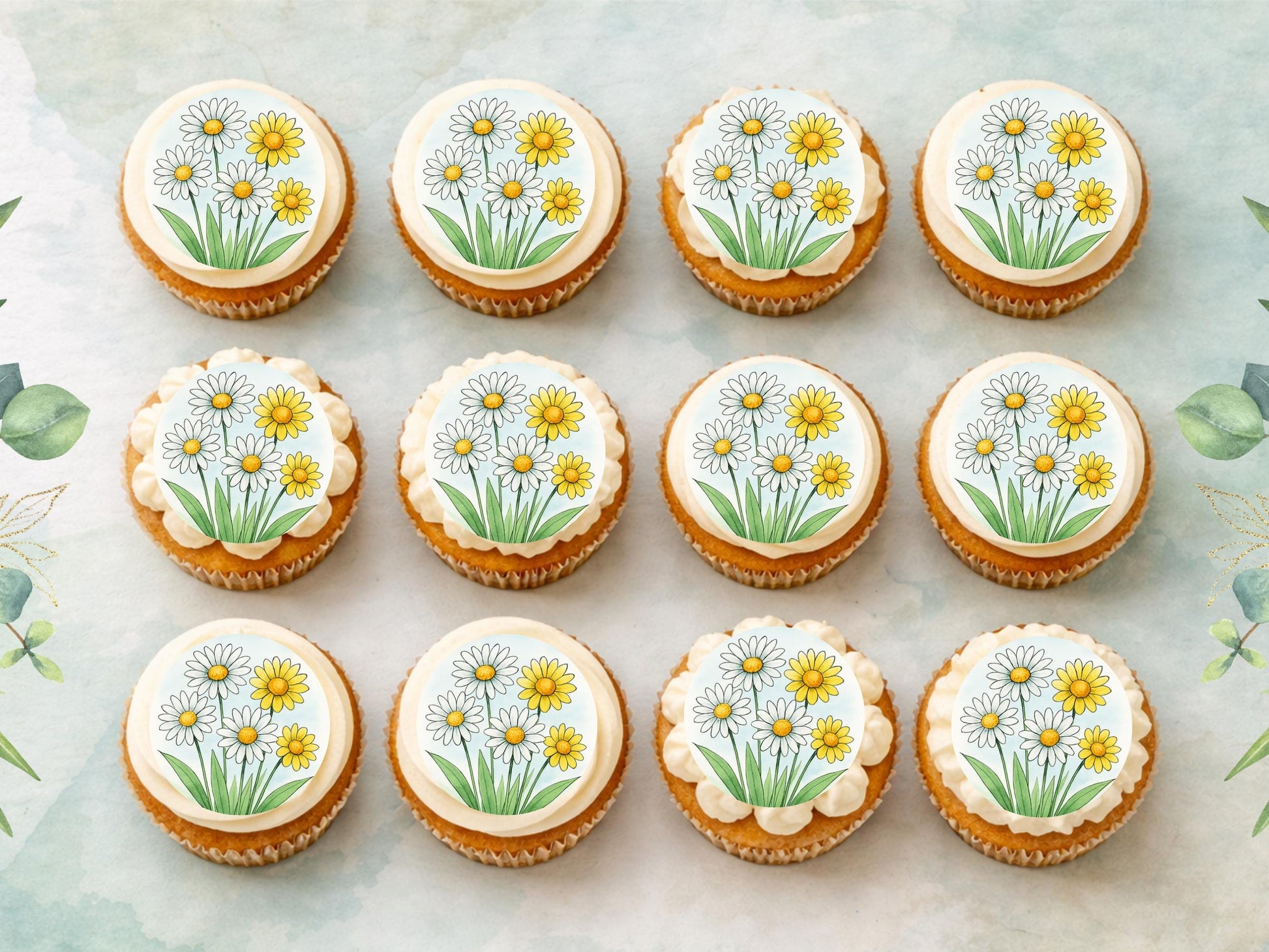 Daisy Flower Edible Cupcake Toppers – Floral Cake Decoration