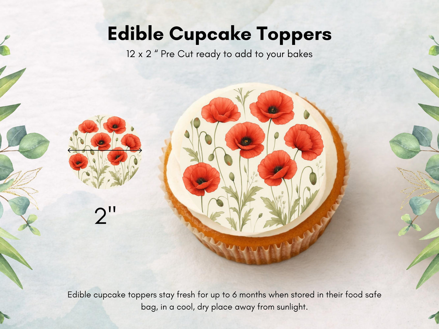 Red Poppy Edible Cupcake Toppers – 2" Floral Cake Decorations