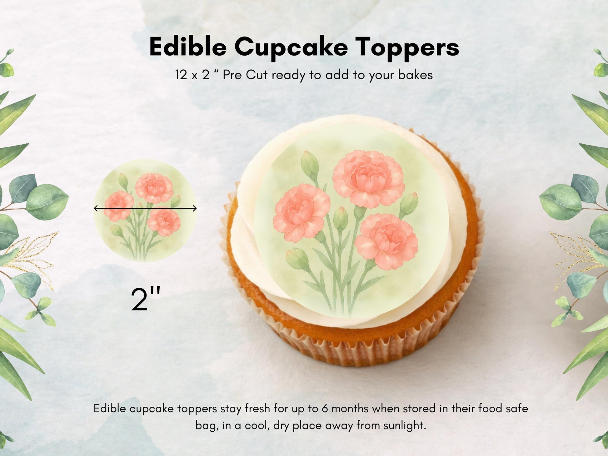 Carnation January Birth Flower Edible Cupcake Toppers – Floral Cake Decoration