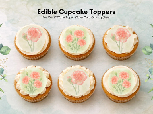 Carnation January Birth Flower Edible Cupcake Toppers – Floral Cake Decoration