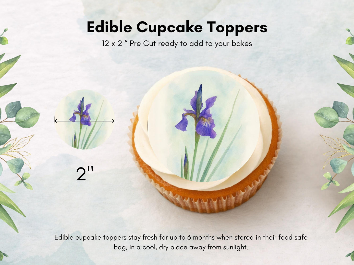 Iris February Birth Flower Edible Cupcake Toppers - Floral Cake Decoration