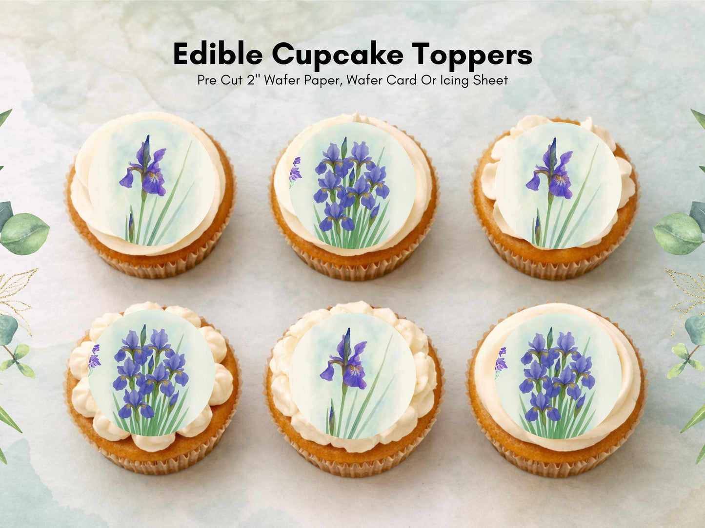 Iris February Birth Flower Edible Cupcake Toppers - Floral Cake Decoration
