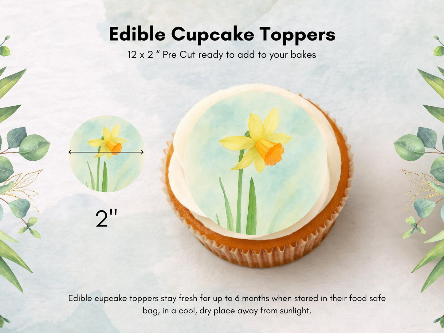 Daffodil March Birth Flower Edible Cupcake Toppers – Floral Cake Decoration