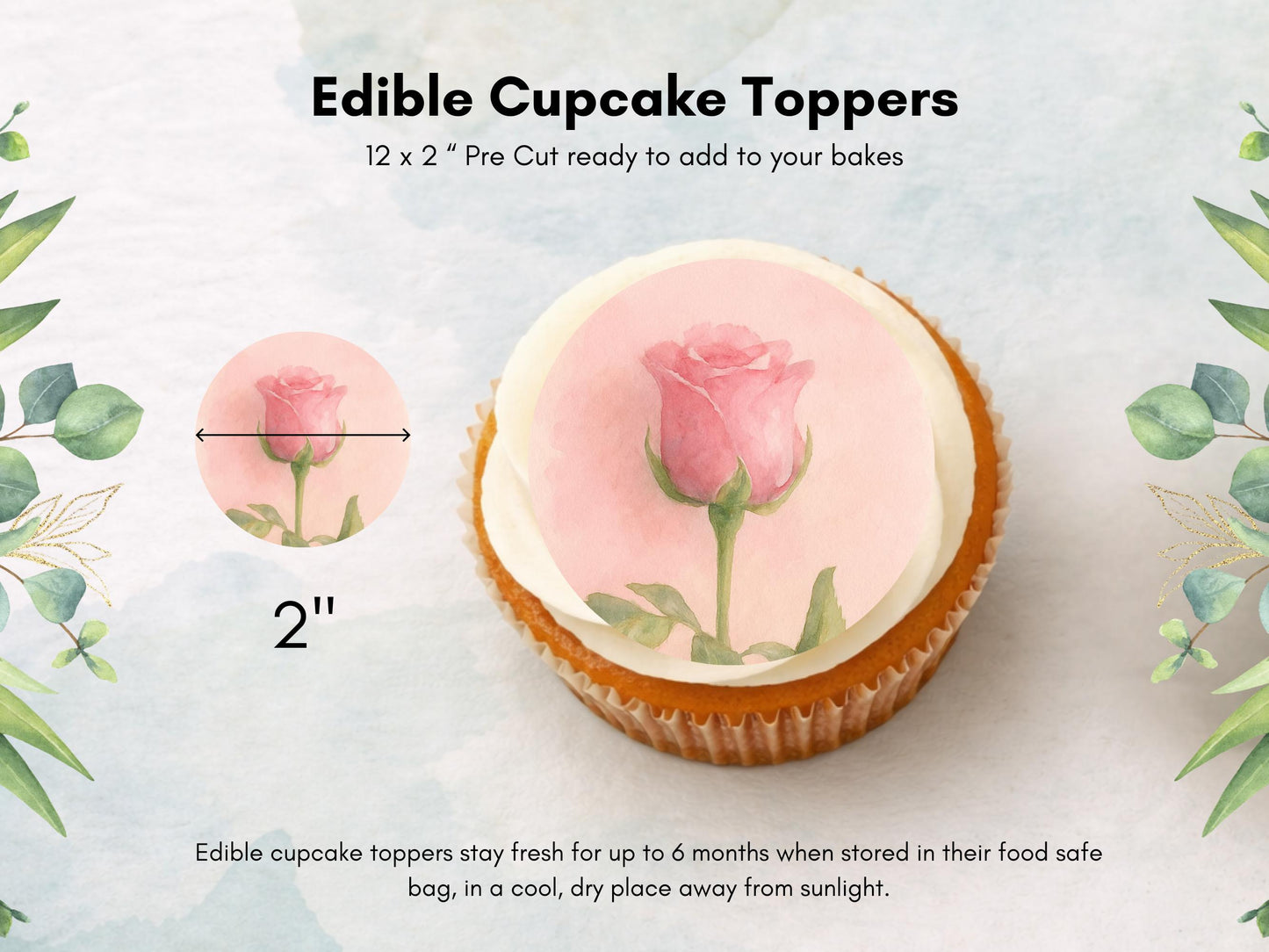 Rose June Birth Flower Edible Cupcake Toppers: Floral Cake Decoration