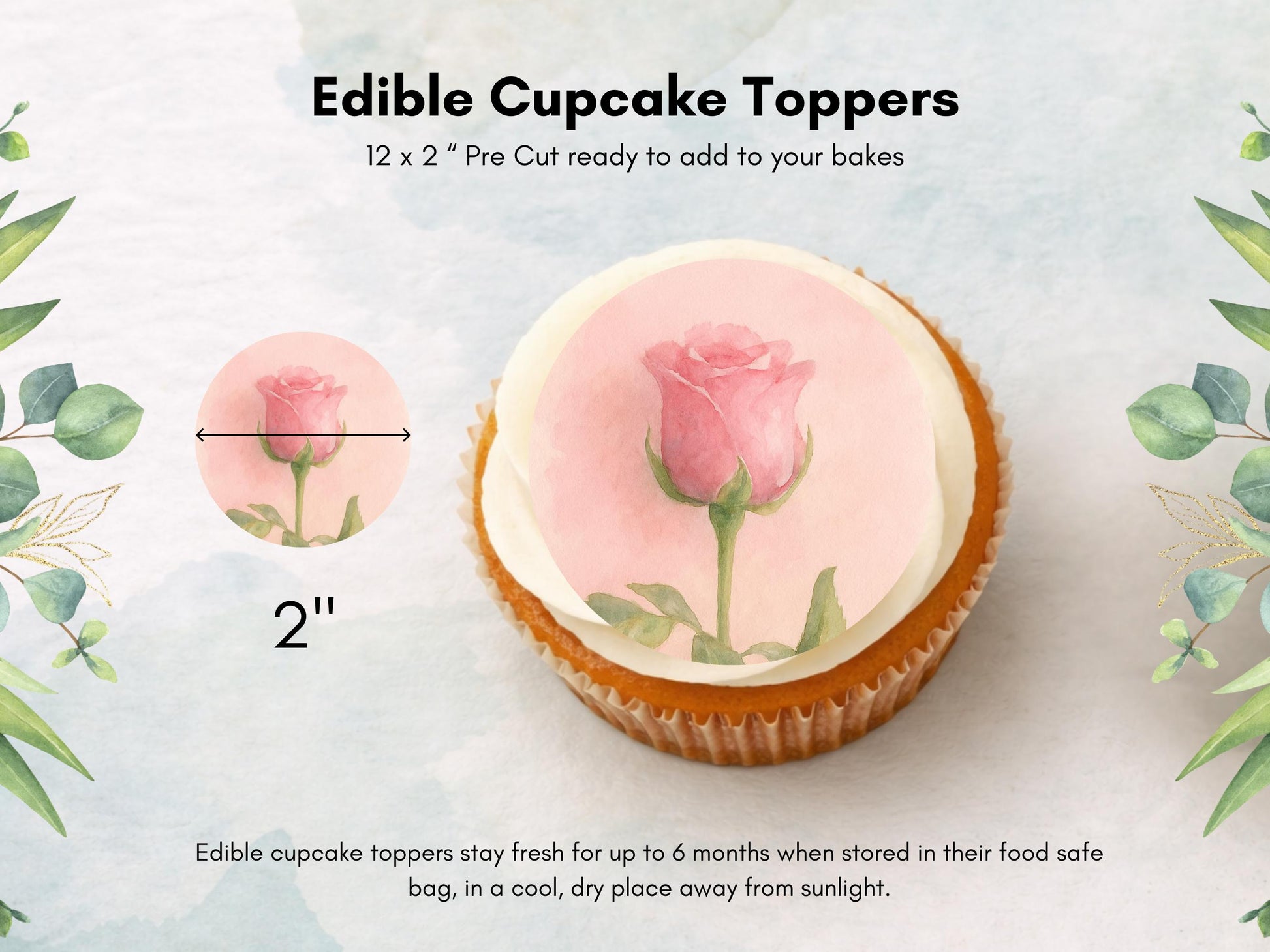 Rose June Birth Flower Edible Cupcake Toppers: Floral Cake Decoration
