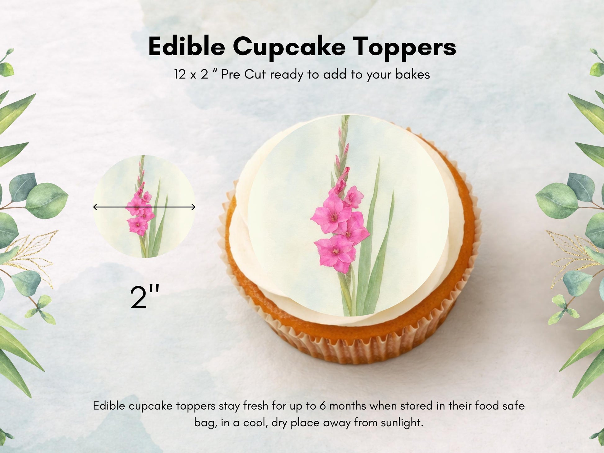 August Birth Flower Edible Cupcake Toppers – Gladiolus Design (Pre-cut)