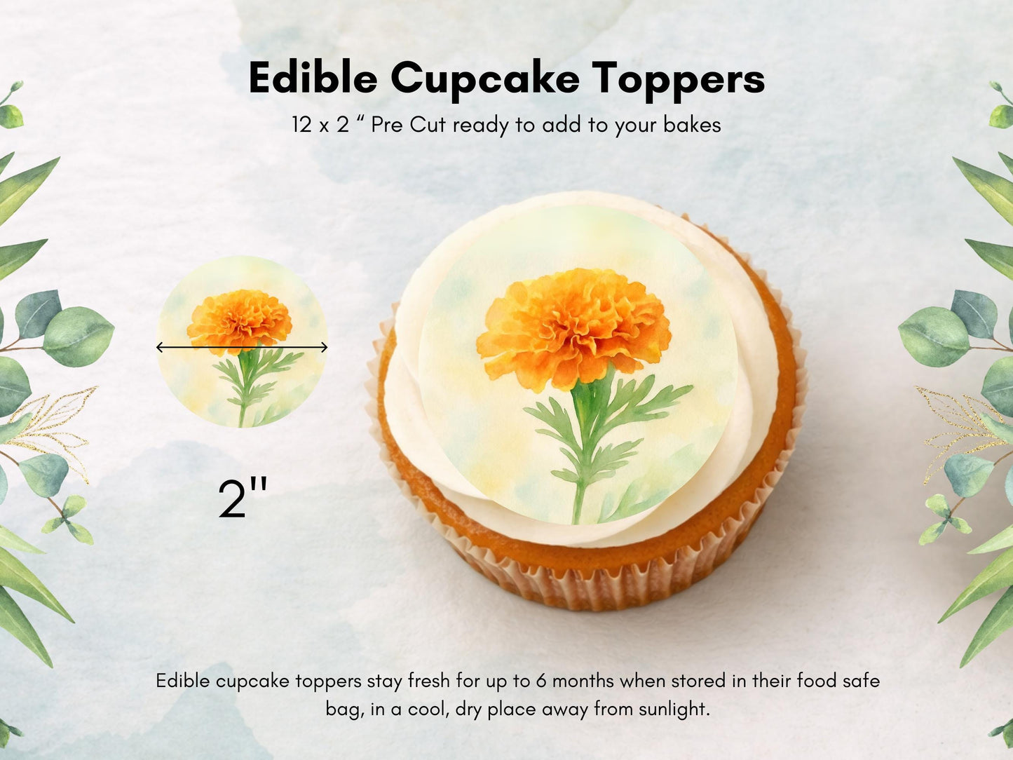 Marigold Edible Cupcake Toppers – October Birth Flower (Pre-cut)