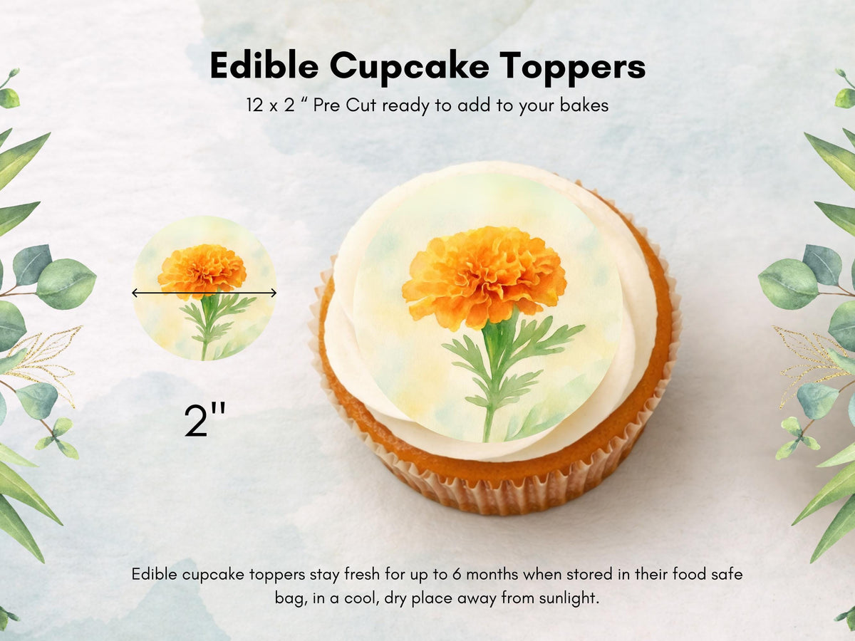 Marigold Edible Cupcake Toppers – October Birth Flower (Pre-cut)