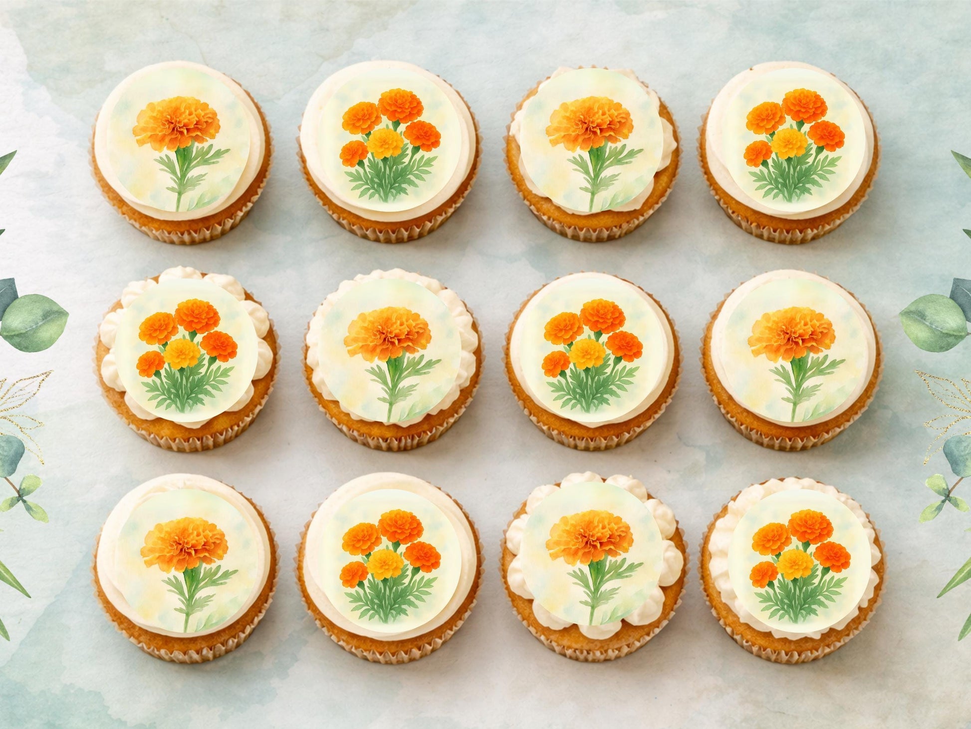 Marigold Edible Cupcake Toppers – October Birth Flower (Pre-cut)