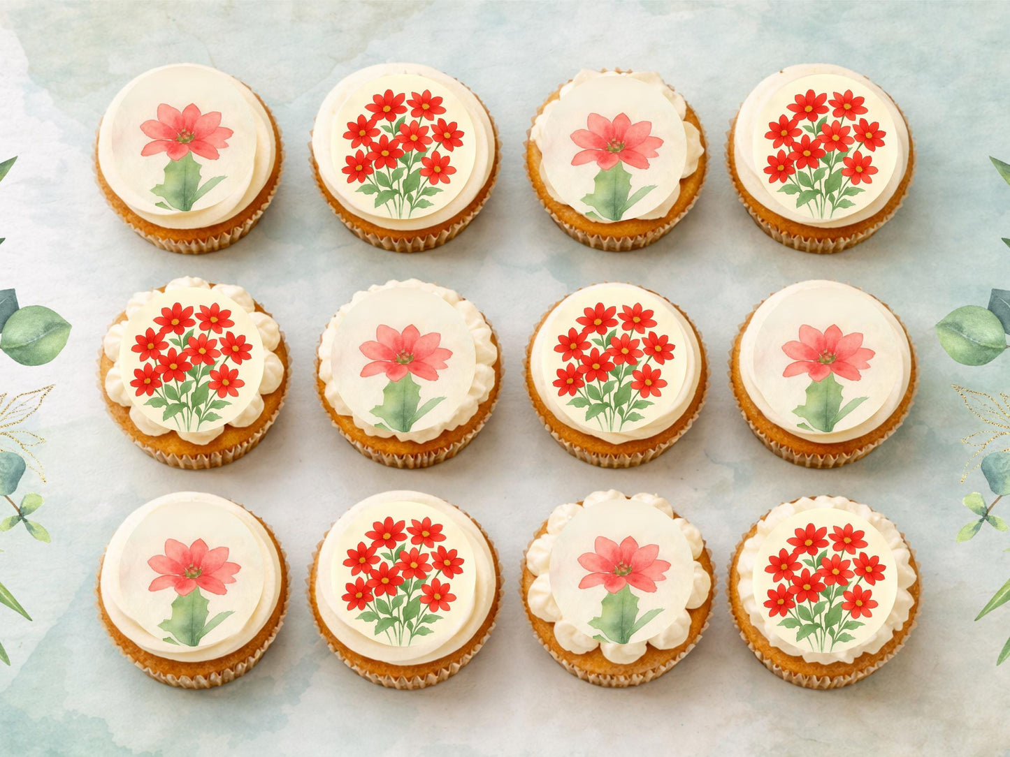 Poinsettia Edible Cupcake Toppers – December Birth Flower (Pre-cut)