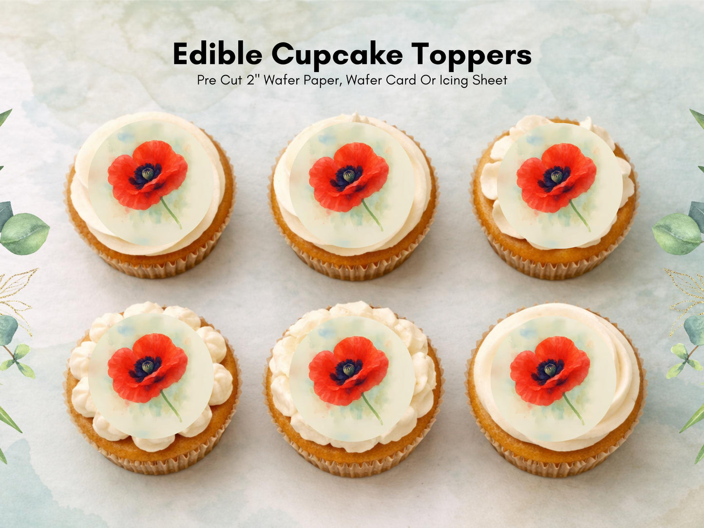 Red Poppy Edible Cupcake Toppers – 2" Wafer Paper