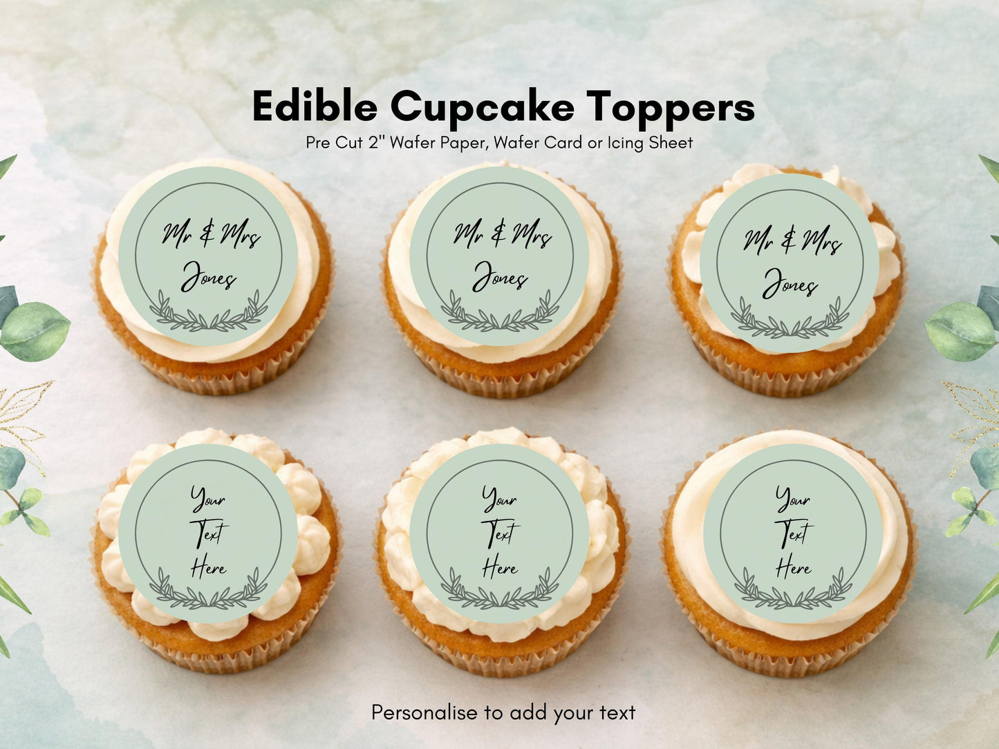 Personalized Wedding Cupcake Toppers – Edible Wafer Paper, Icing Sheet