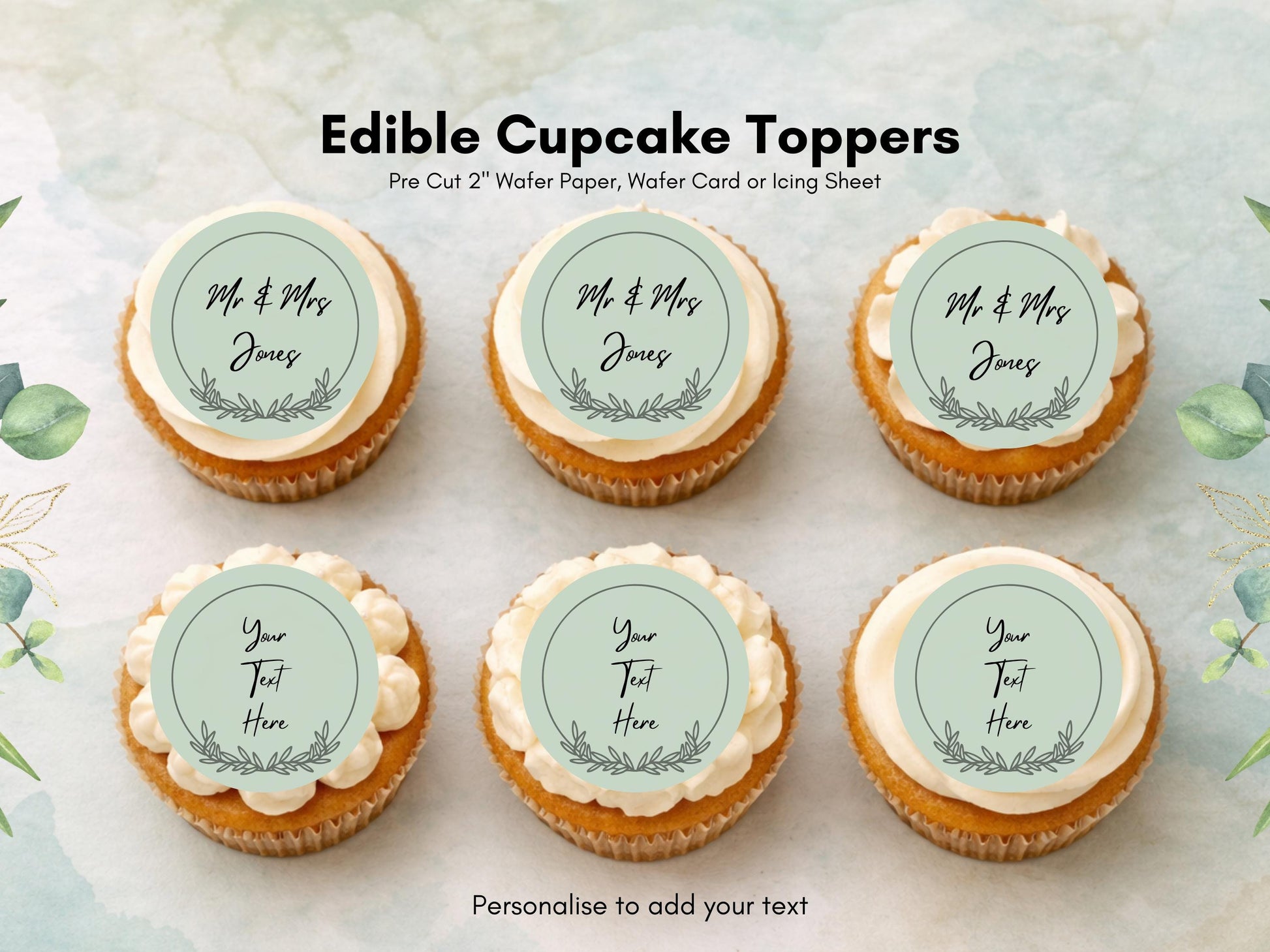 Personalized Wedding Cupcake Toppers – Edible Wafer Paper, Icing Sheet