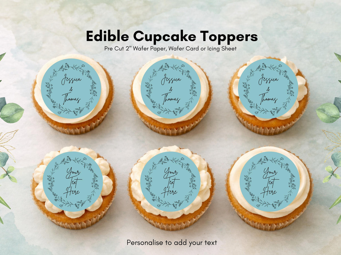 Personalized Wedding Cupcake Toppers – Edible Wafer Paper, Icing Sheet