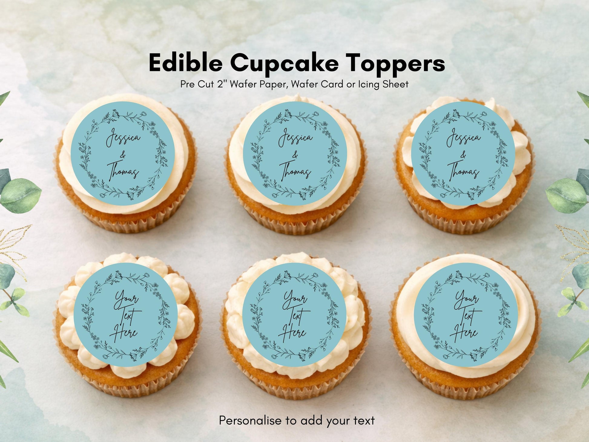 Personalized Wedding Cupcake Toppers – Edible Wafer Paper, Icing Sheet