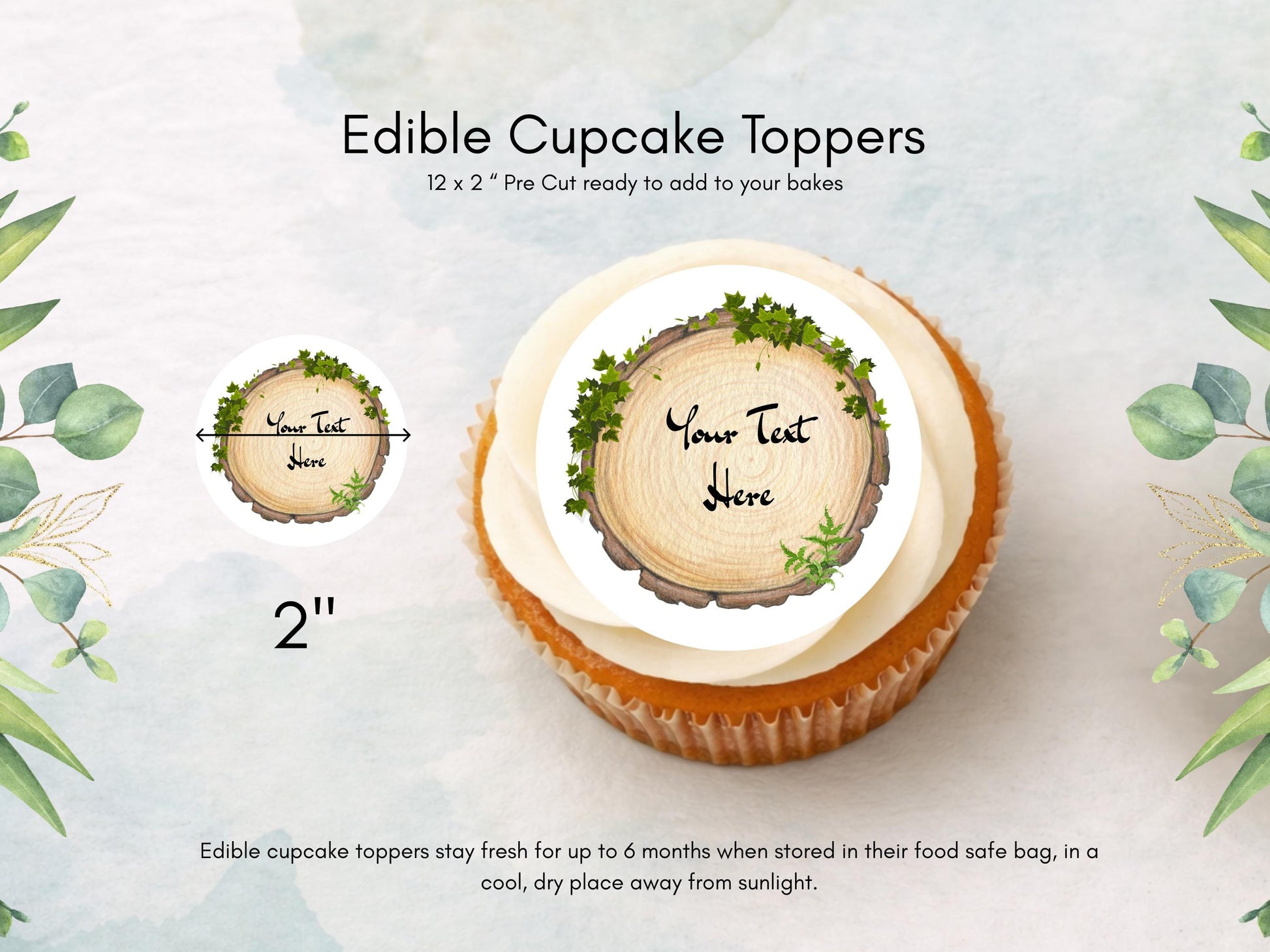 Personalised Wedding Engagement Woodland theme Edible Cupcake Toppers 12 x 2"