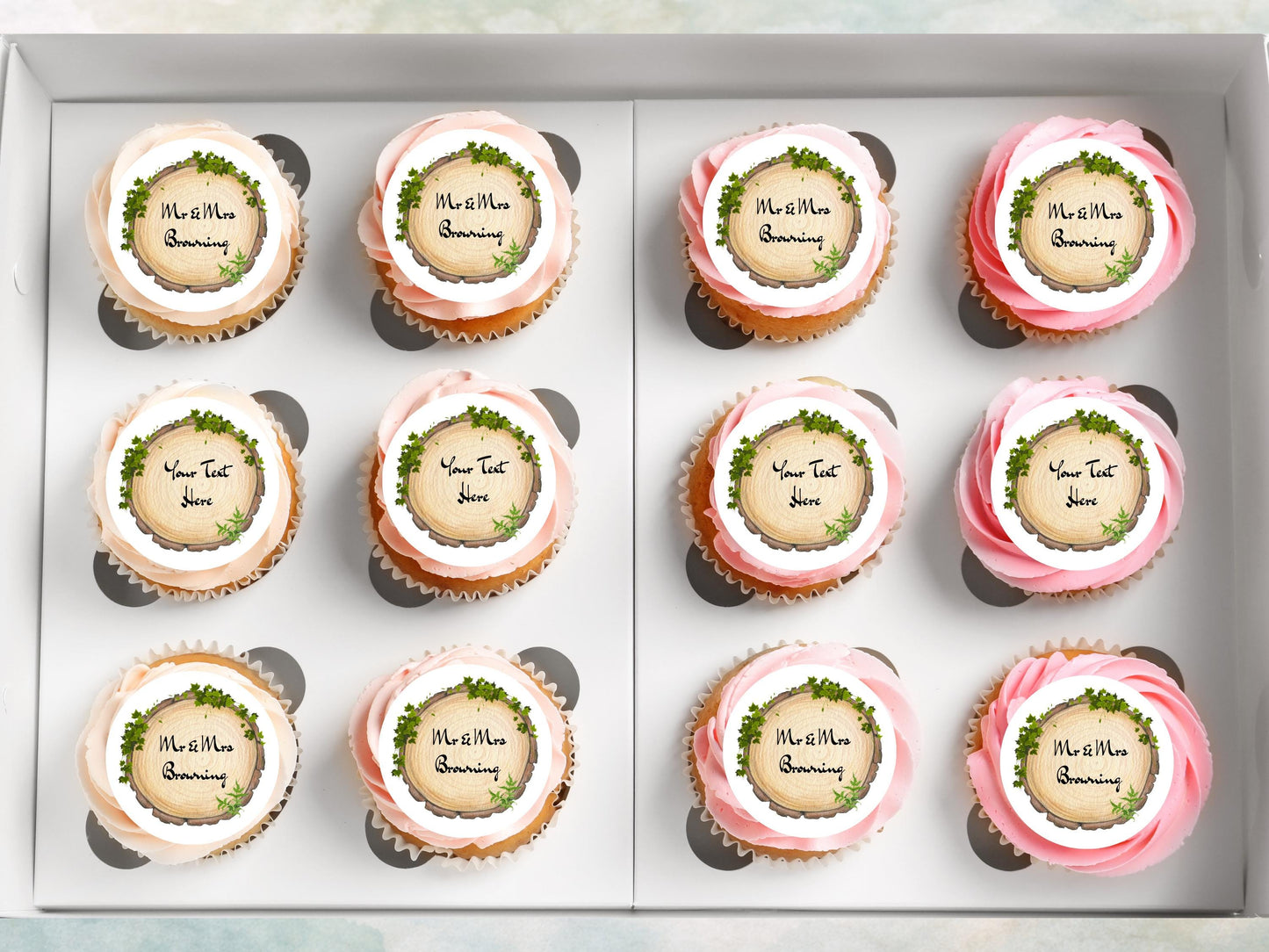 Personalised Wedding Engagement Woodland theme Edible Cupcake Toppers 12 x 2"