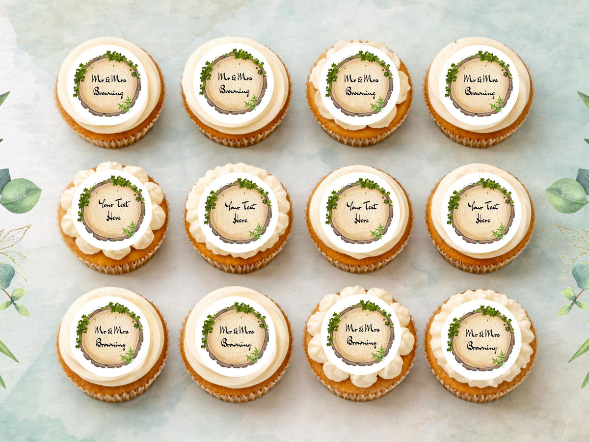 Personalised Wedding Edible Cupcake Toppers , Rustic Woodland Cake Decoration