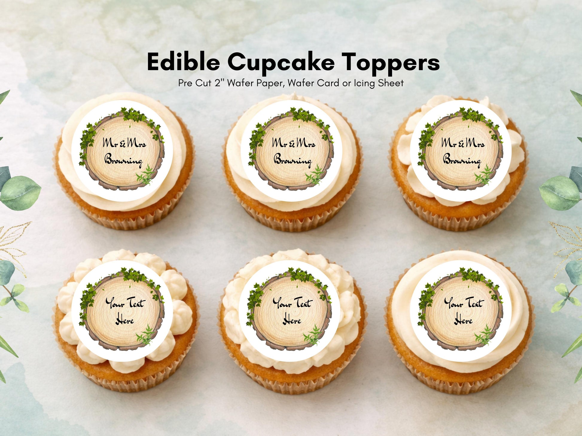 Personalised Wedding Engagement Woodland theme Edible Cupcake Toppers 12 x 2"