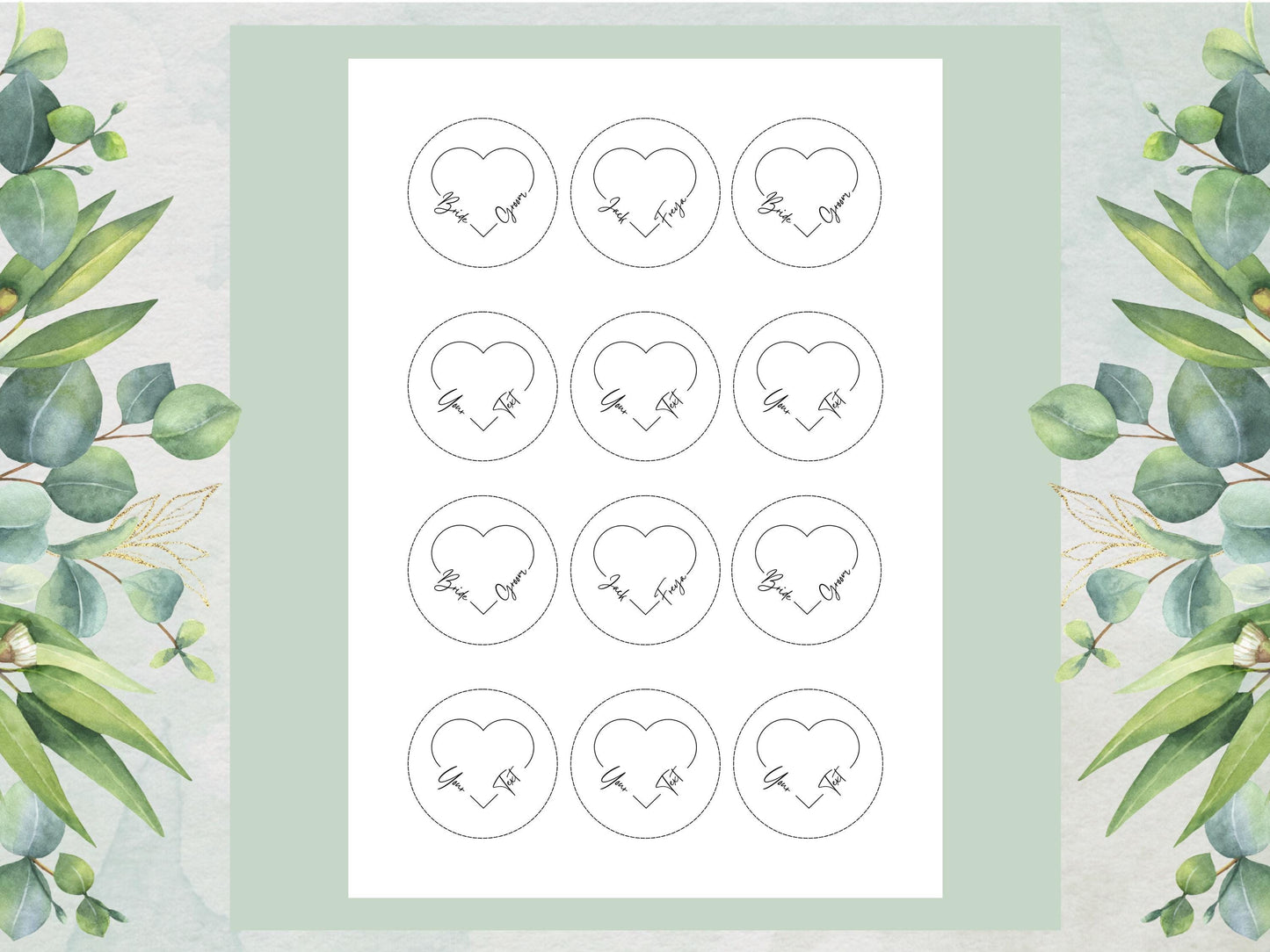 Personalized Heart Edible Cupcake Toppers, Wedding Bakes (Pre-cut)