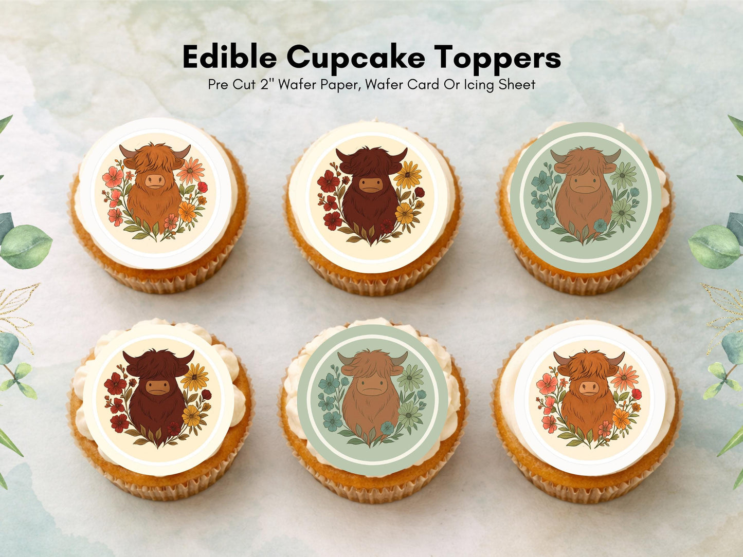 Highland Cow Edible Cupcake Toppers – 2" Wafer Paper, Card, Icing Sheet