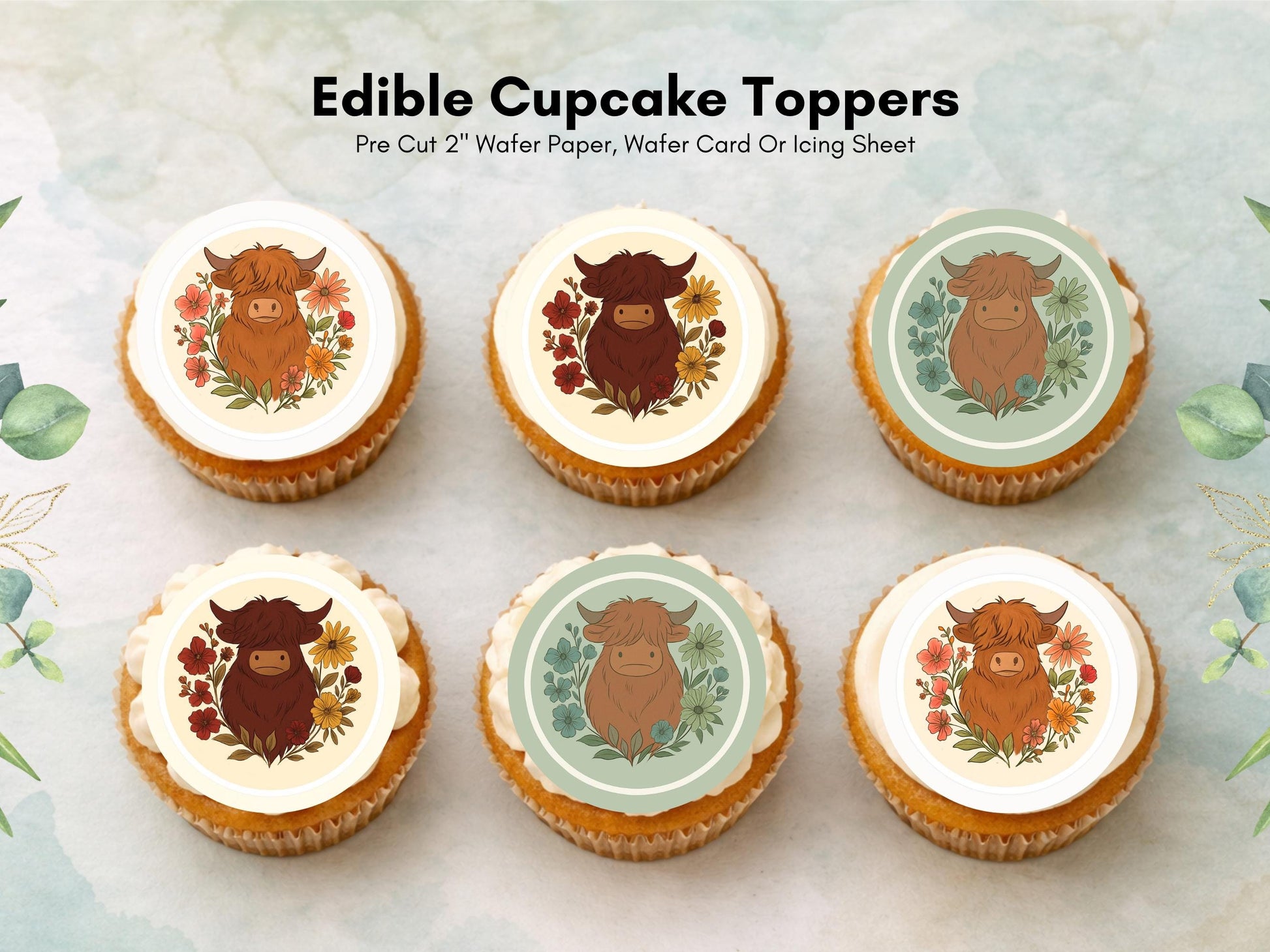 Highland Cow Edible Cupcake Toppers – 2" Wafer Paper, Card, Icing Sheet