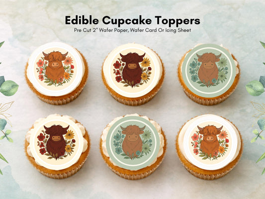Highland Cow Edible Cupcake Toppers – 2" Wafer Paper, Card, Icing Sheet