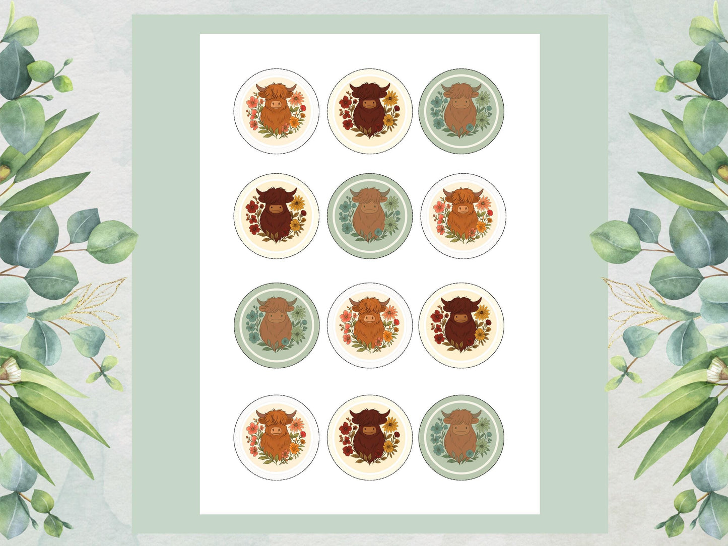 Highland Cow Edible Cupcake Toppers – 2" Wafer Paper, Card, Icing Sheet