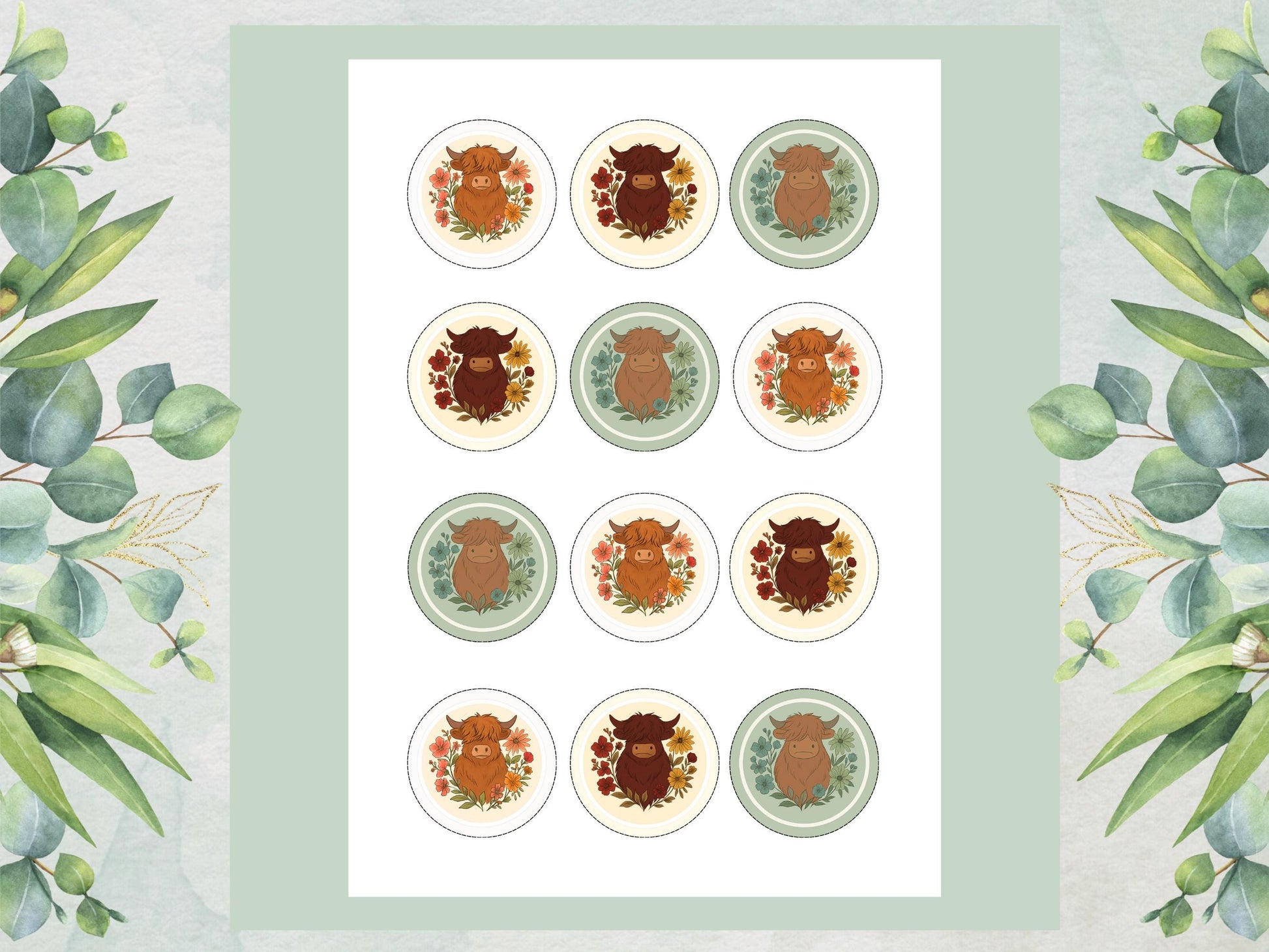Highland Cow Edible Cupcake Toppers – 2" Wafer Paper, Card, Icing Sheet