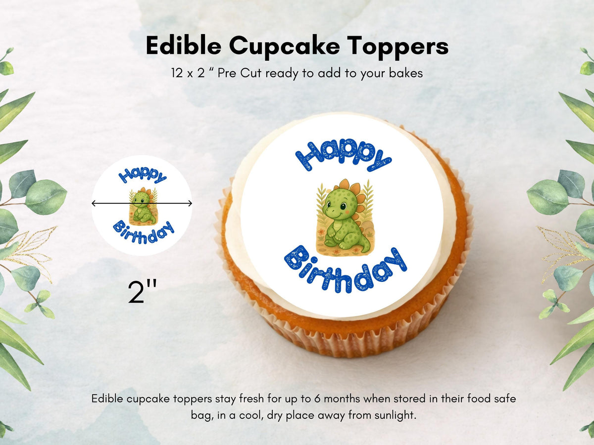 Dinosaur Edible Cupcake Toppers – Happy Birthday Dino Cake Decorations