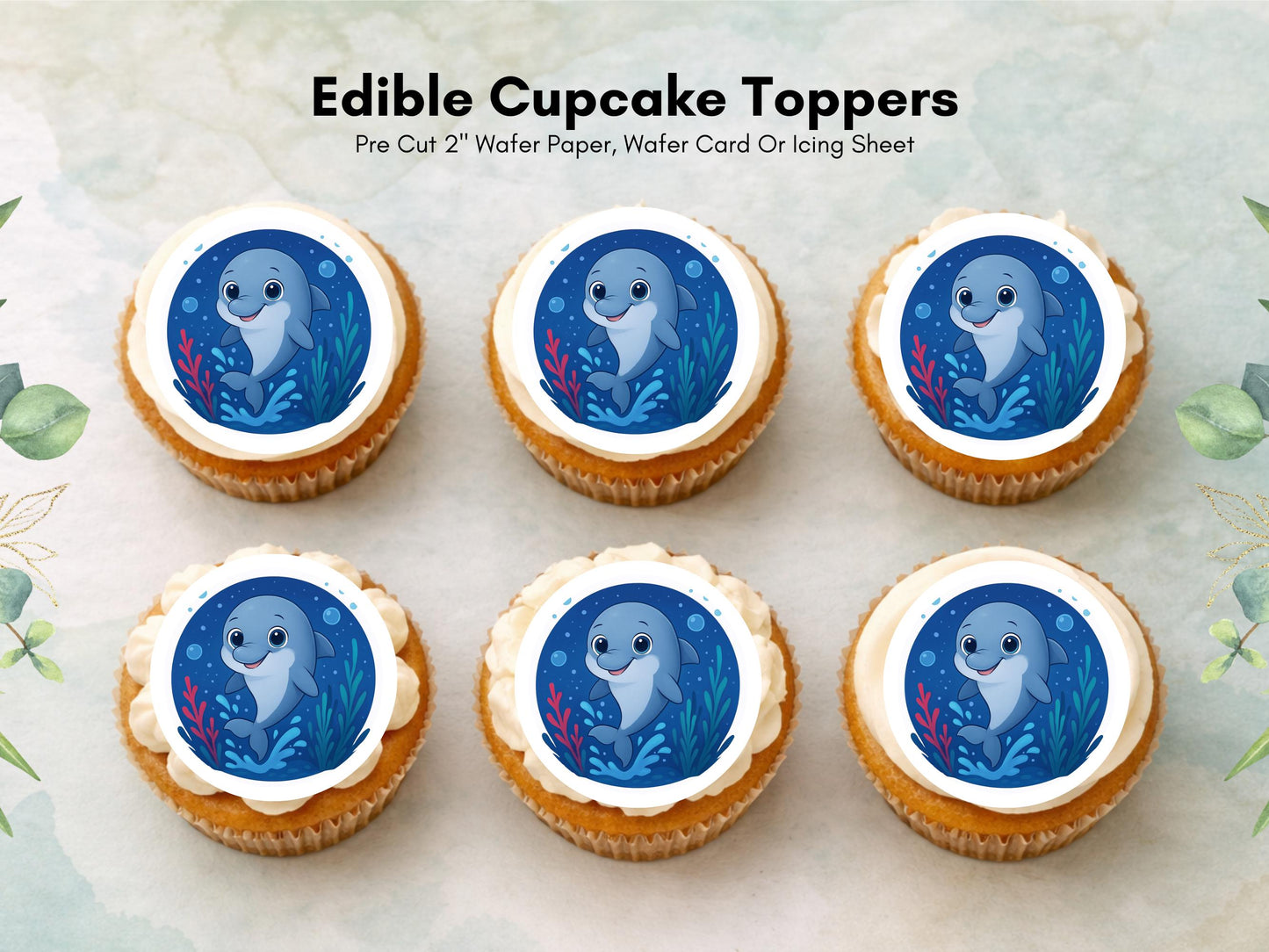 Dolphin Edible Cupcake Toppers 12 x 2" Precut Wafer Paper, Card or Icing Sheet