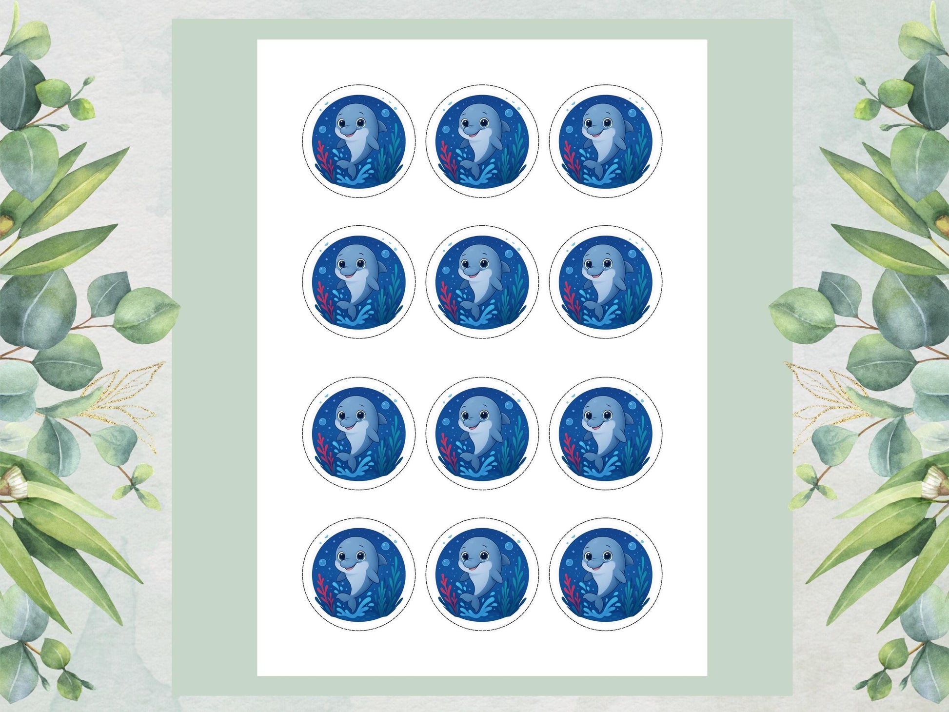 Dolphin Edible Cupcake Toppers 12 x 2" Precut Wafer Paper, Card or Icing Sheet