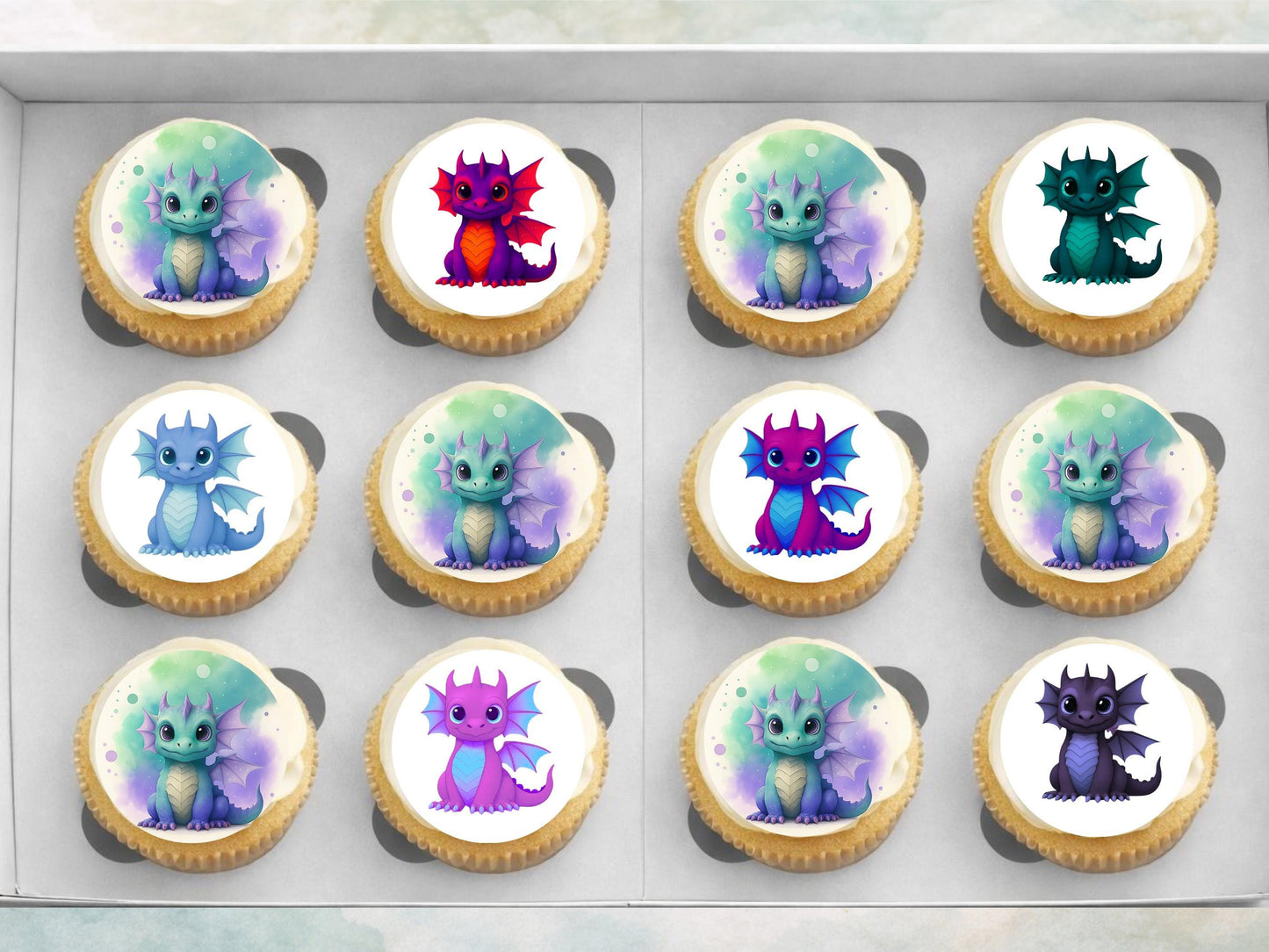 Dragon Edible Cupcake Toppers 12 x 2"– Pre cut Wafer Paper, Card or Icing Sheet, Cupcakes, Cookies, Cake, Birthday, Dragons cute