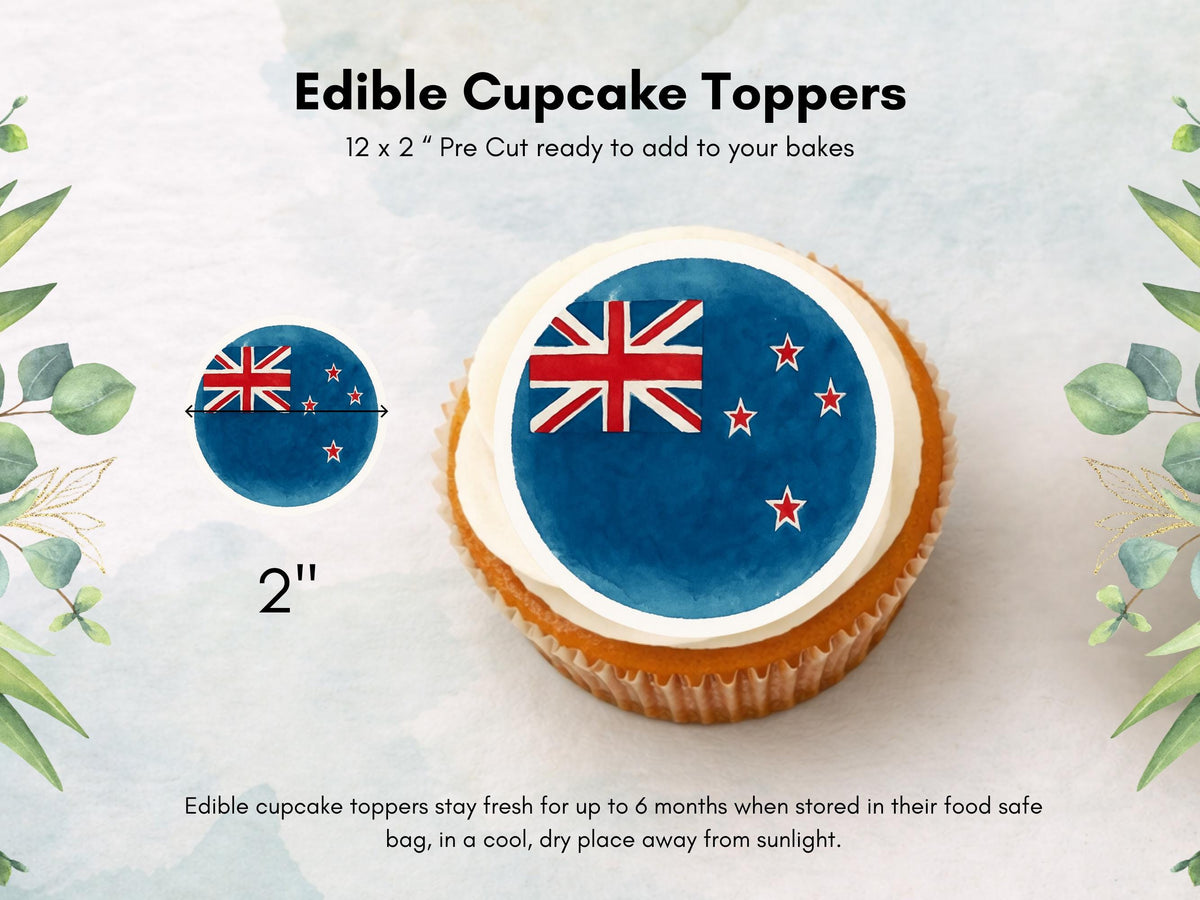 New Zealand Flag Edible Cupcake Toppers – 2" Wafer Paper, Card, or Icing Sheet