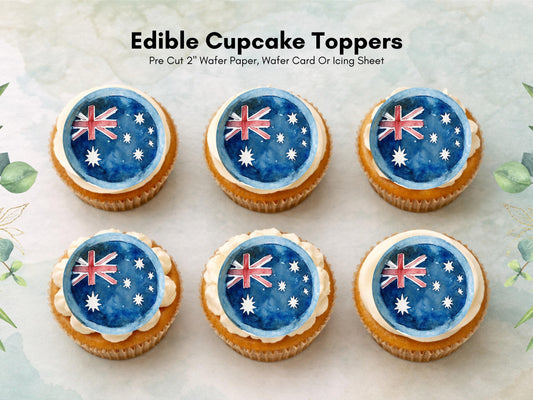 Australian Flag Edible Cupcake Toppers – Precut 2" (Wafer Paper/Card/Icing)