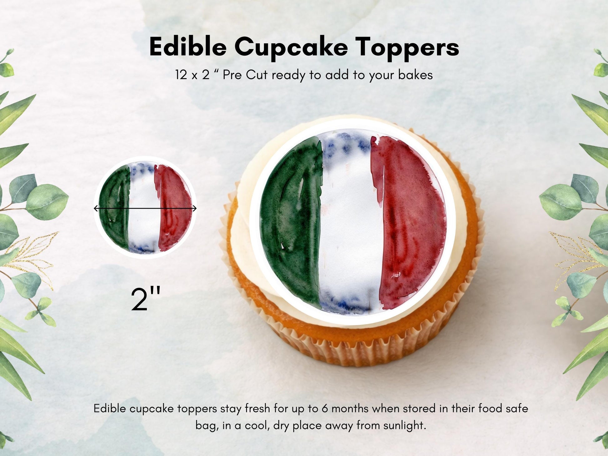 Italian Flag Edible Cupcake Toppers – 2" Wafer Paper, Card, or Icing Sheet