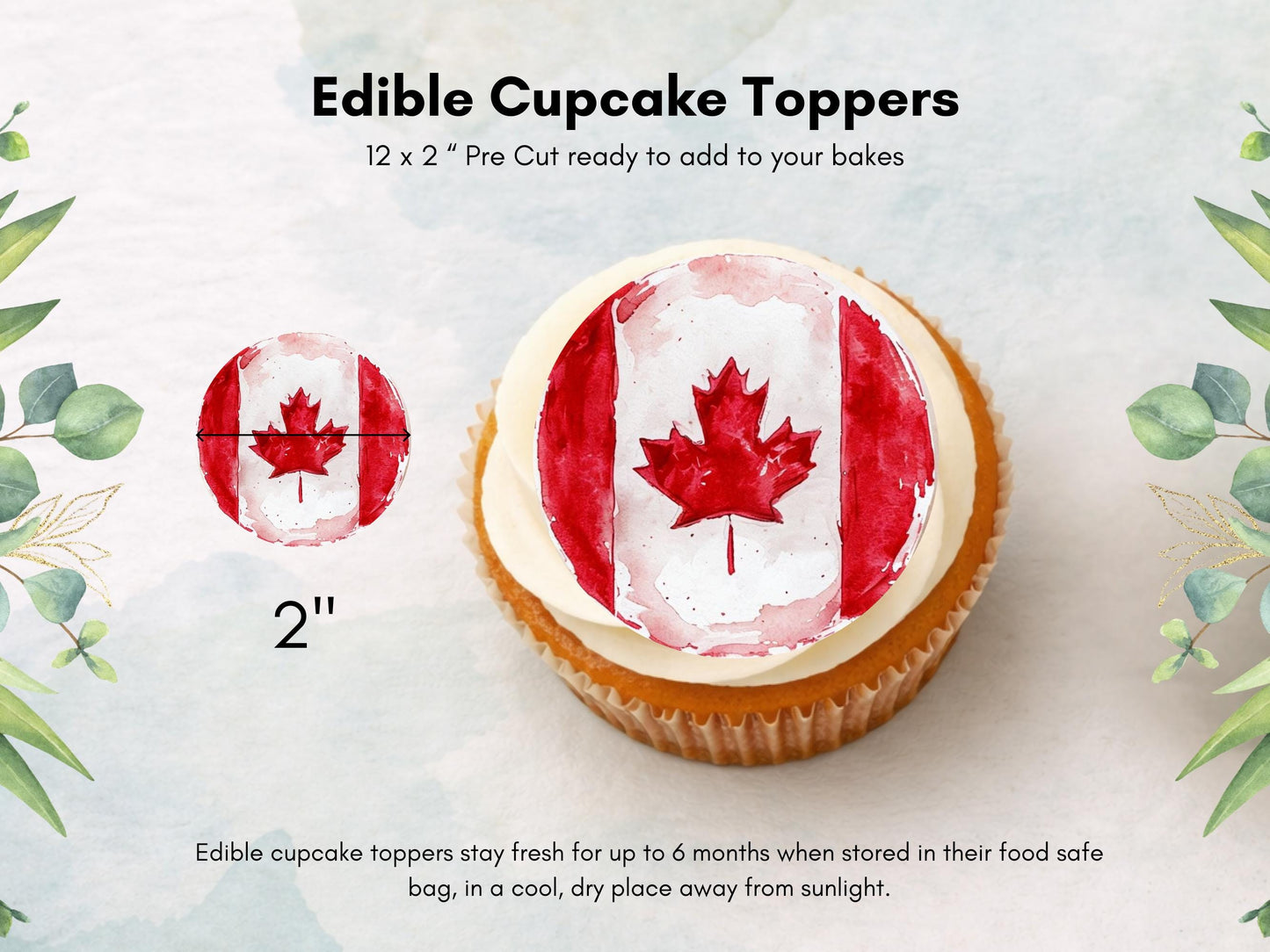 Canadian Flag Edible Cupcake Toppers – Maple Leaf, 12 x 2" (Pre-cut)