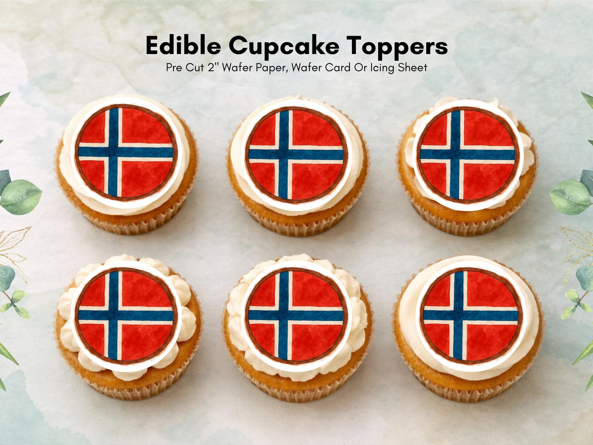Norwegian Flag Edible Cupcake Toppers – 2" Wafer Paper
