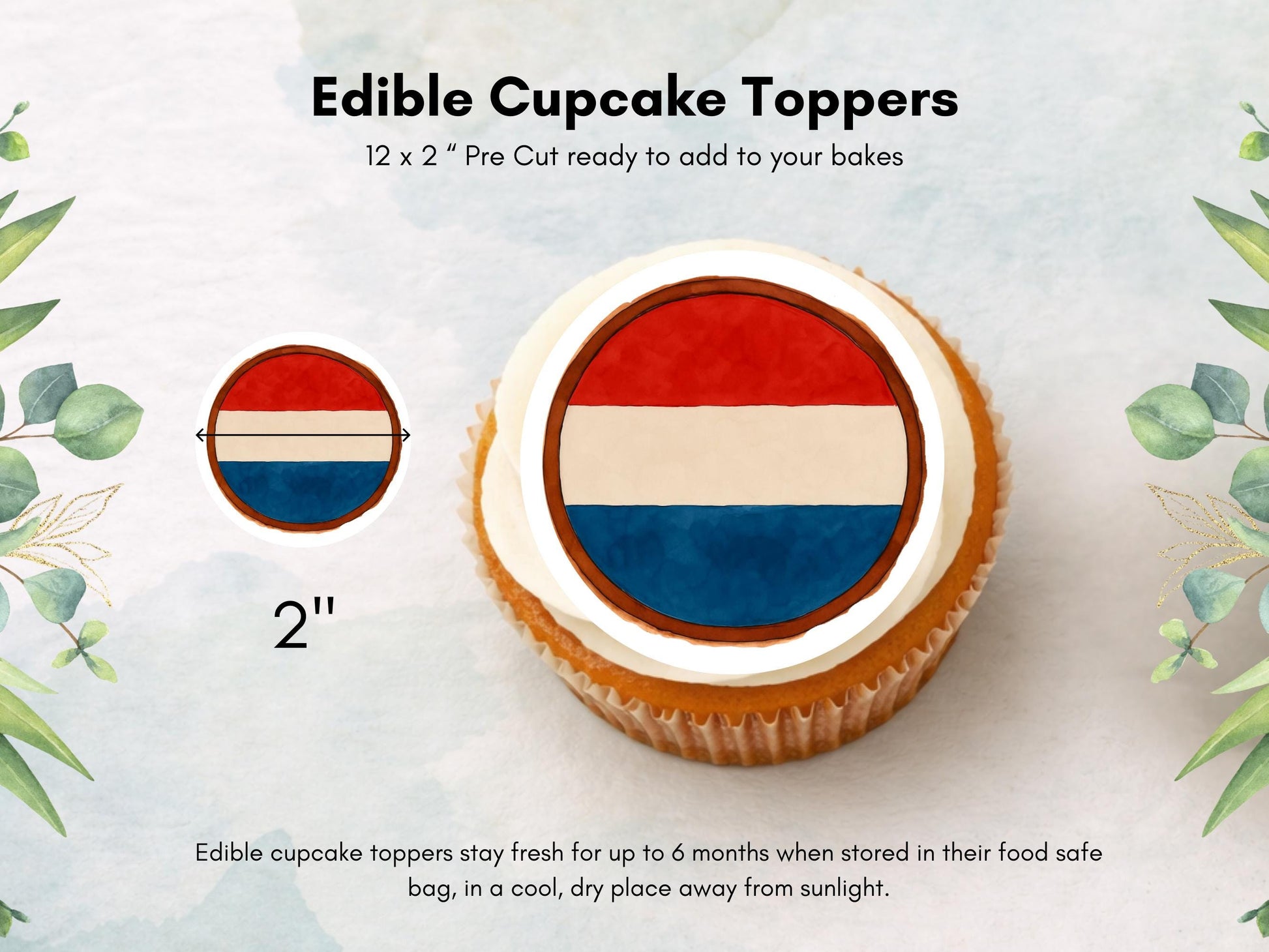 Netherlands Flag Edible Cupcake Toppers – Dutch Theme (12 x 2")