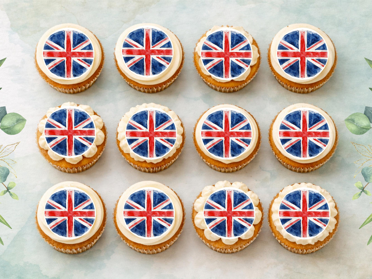 Union Jack Edible Cupcake Toppers – British Flag Cake Decorations