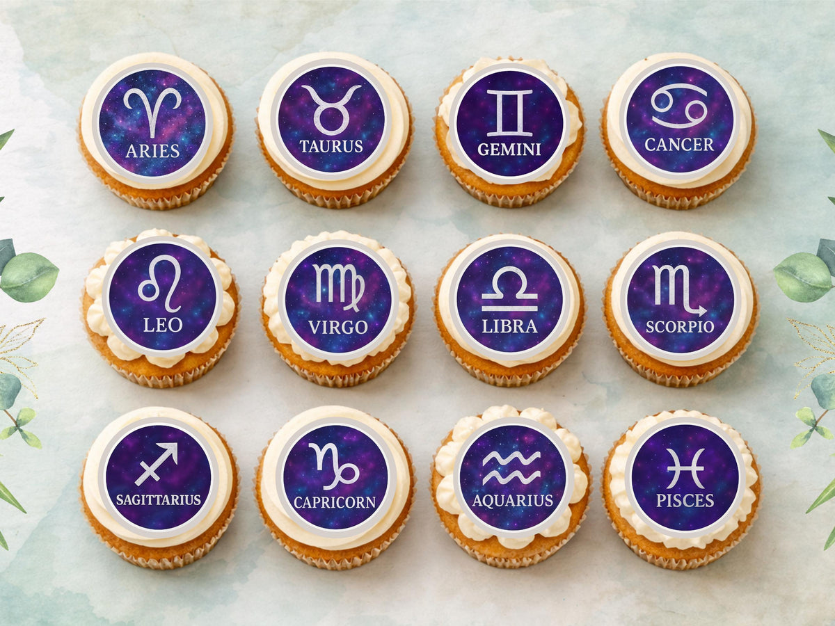 Zodiac Cupcake Toppers – Edible Star Sign, Birth Month Decorations